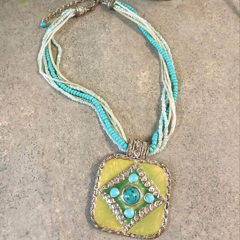 NWOT Silver Turquoise Seed Bead & Green Statement Necklace
